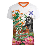 India 80th Independence Day Women V-Neck T-Shirt Ashoka Chakra Lotus Landmarks Shiva