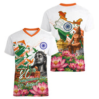 India 80th Independence Day Women V-Neck T-Shirt Ashoka Chakra Lotus Landmarks Shiva