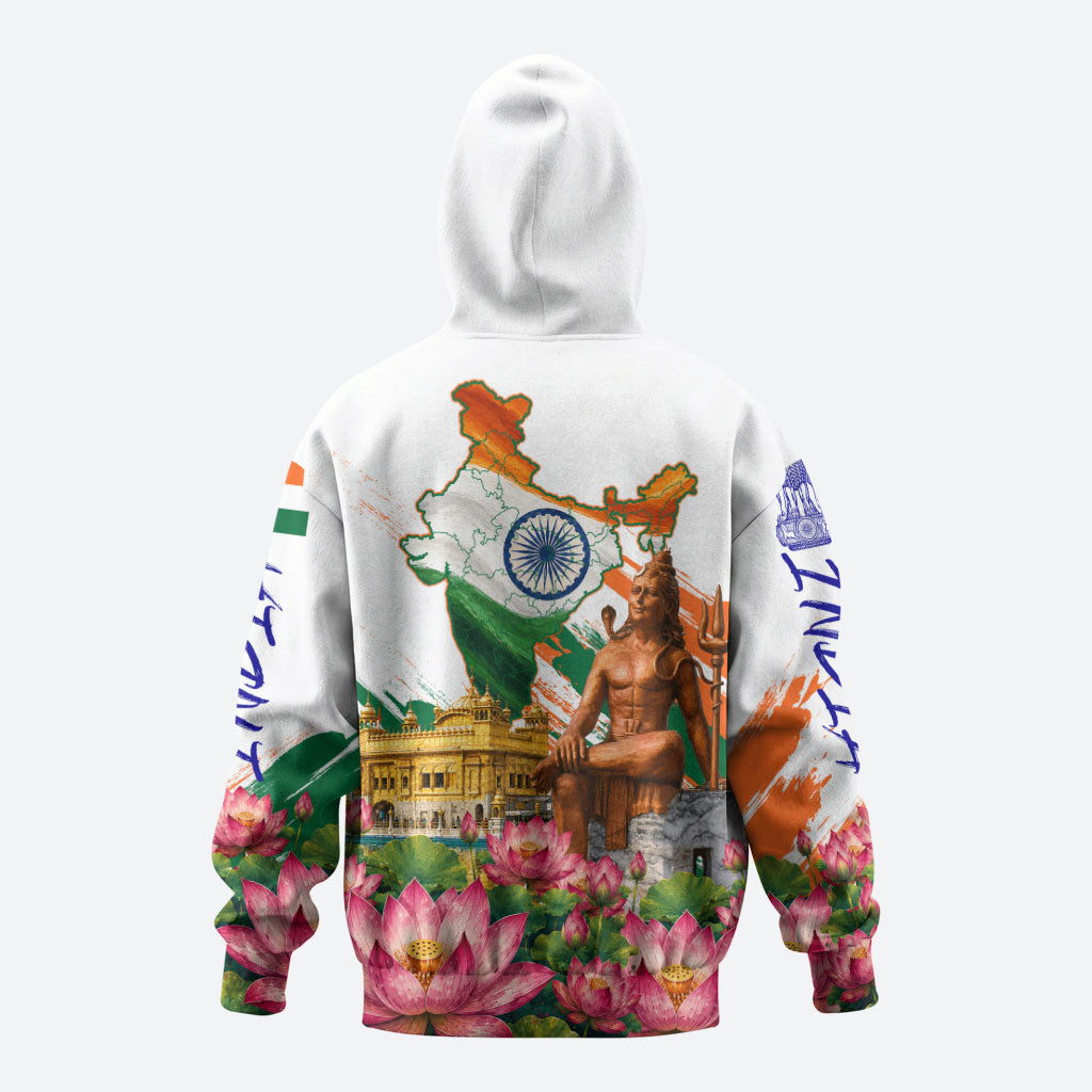 India 80th Independence Day Zip Hoodie Ashoka Chakra Lotus Landmarks Shiva