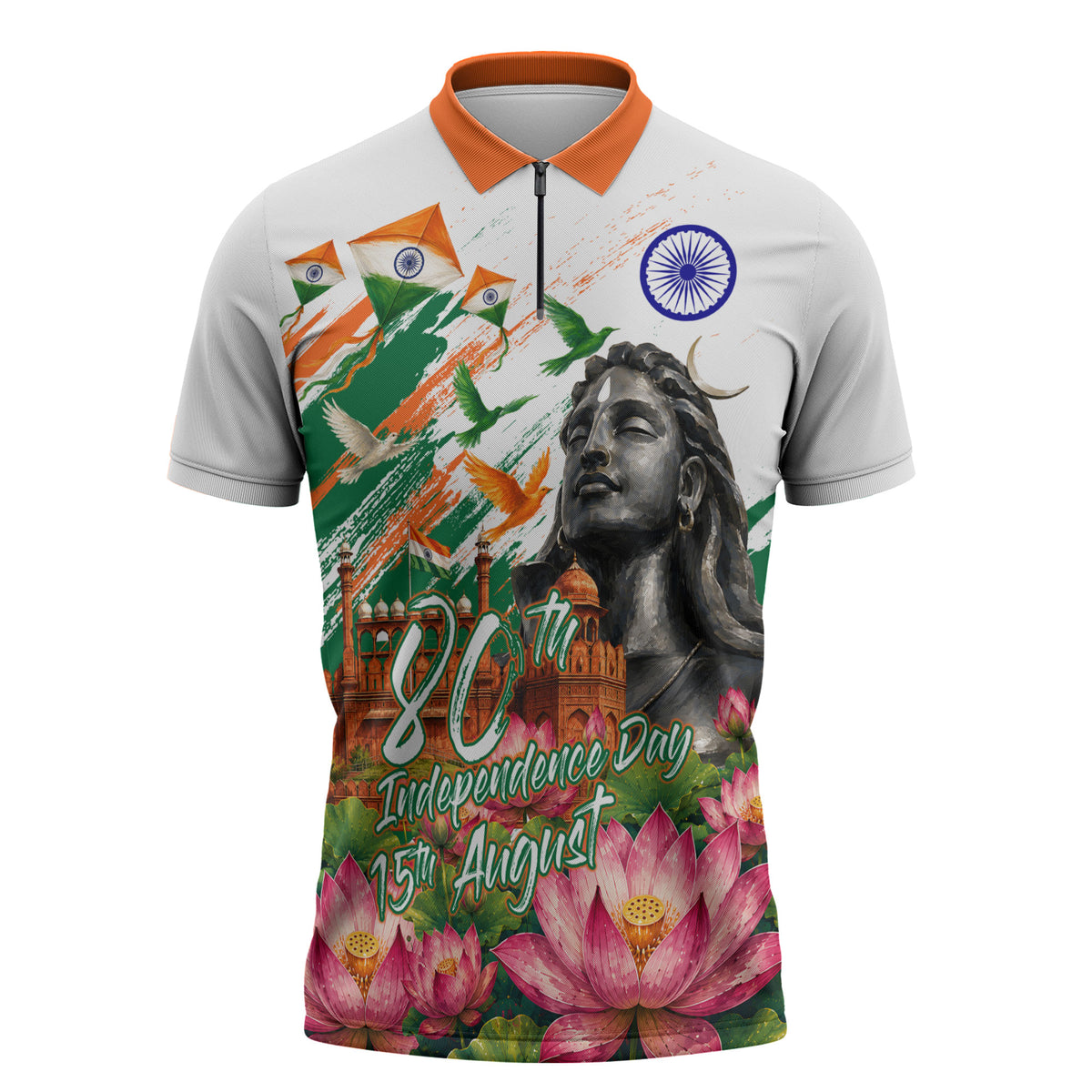India 80th Independence Day Zipper Polo Shirt Ashoka Chakra Lotus Landmarks Shiva