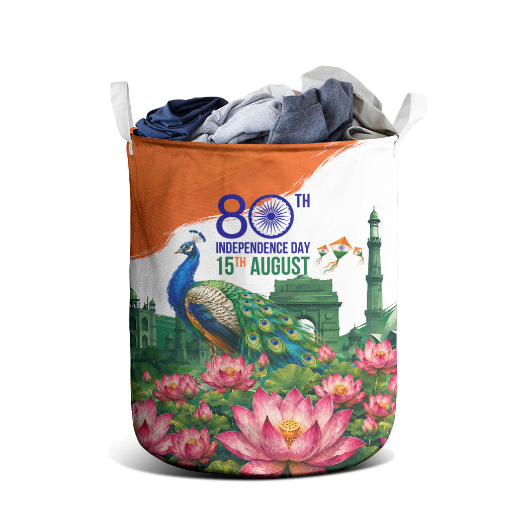 India 80th Independence Day Laundry Basket India Gate Peacock Lotus Heritage Landmarks