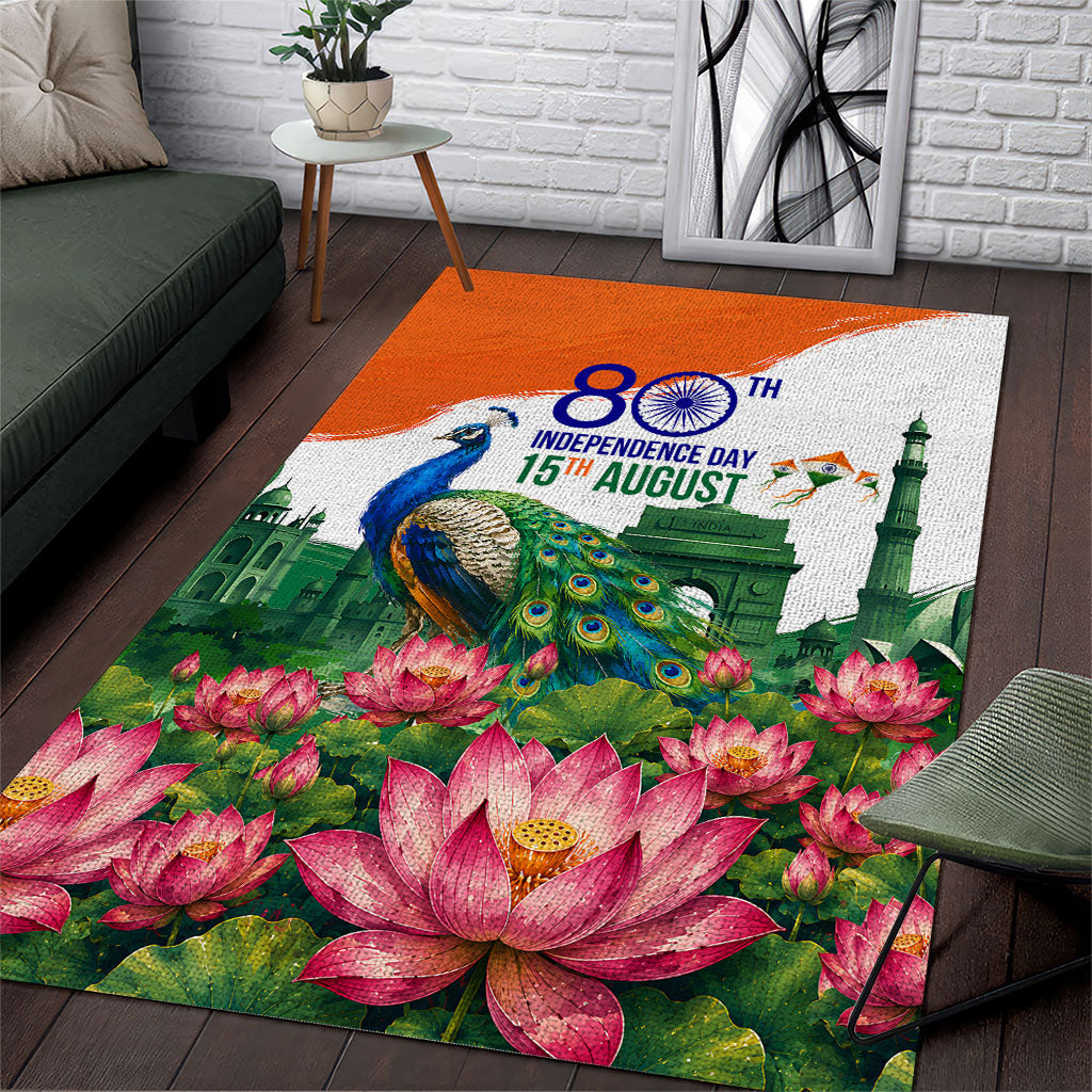 India 80th Independence Day Area Rug India Gate Peacock Lotus Heritage Landmarks