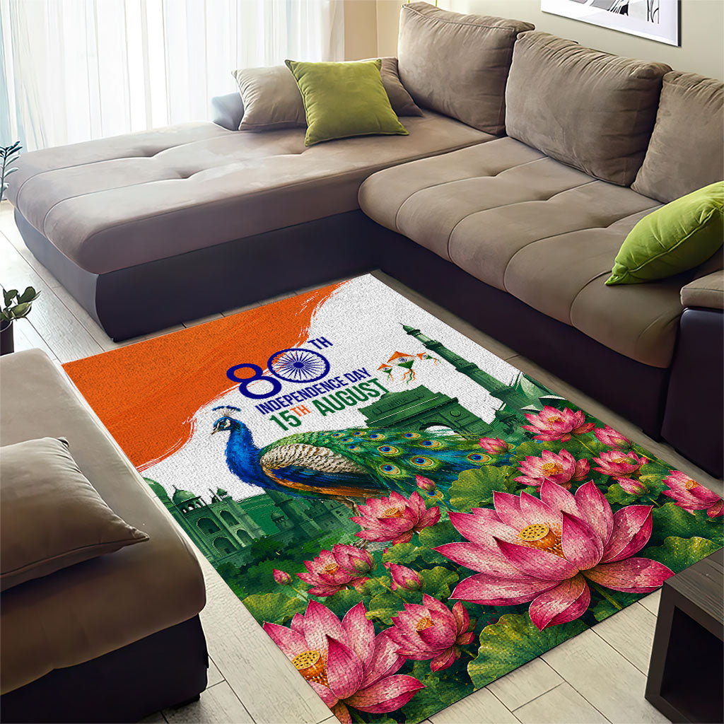 India 80th Independence Day Area Rug India Gate Peacock Lotus Heritage Landmarks