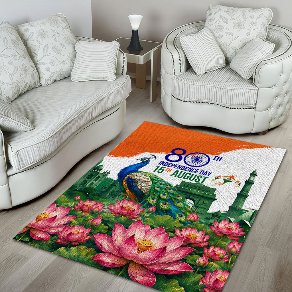 India 80th Independence Day Area Rug India Gate Peacock Lotus Heritage Landmarks