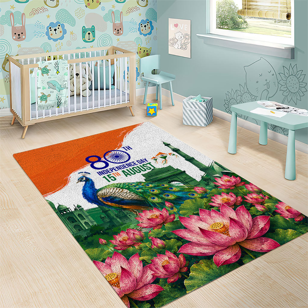 India 80th Independence Day Area Rug India Gate Peacock Lotus Heritage Landmarks