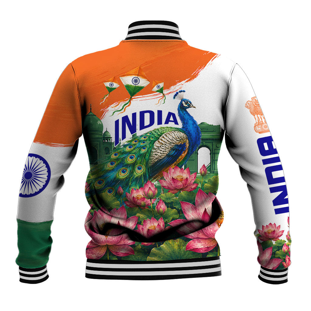 India 80th Independence Day Baseball Jacket India Gate Peacock Lotus Heritage Landmarks
