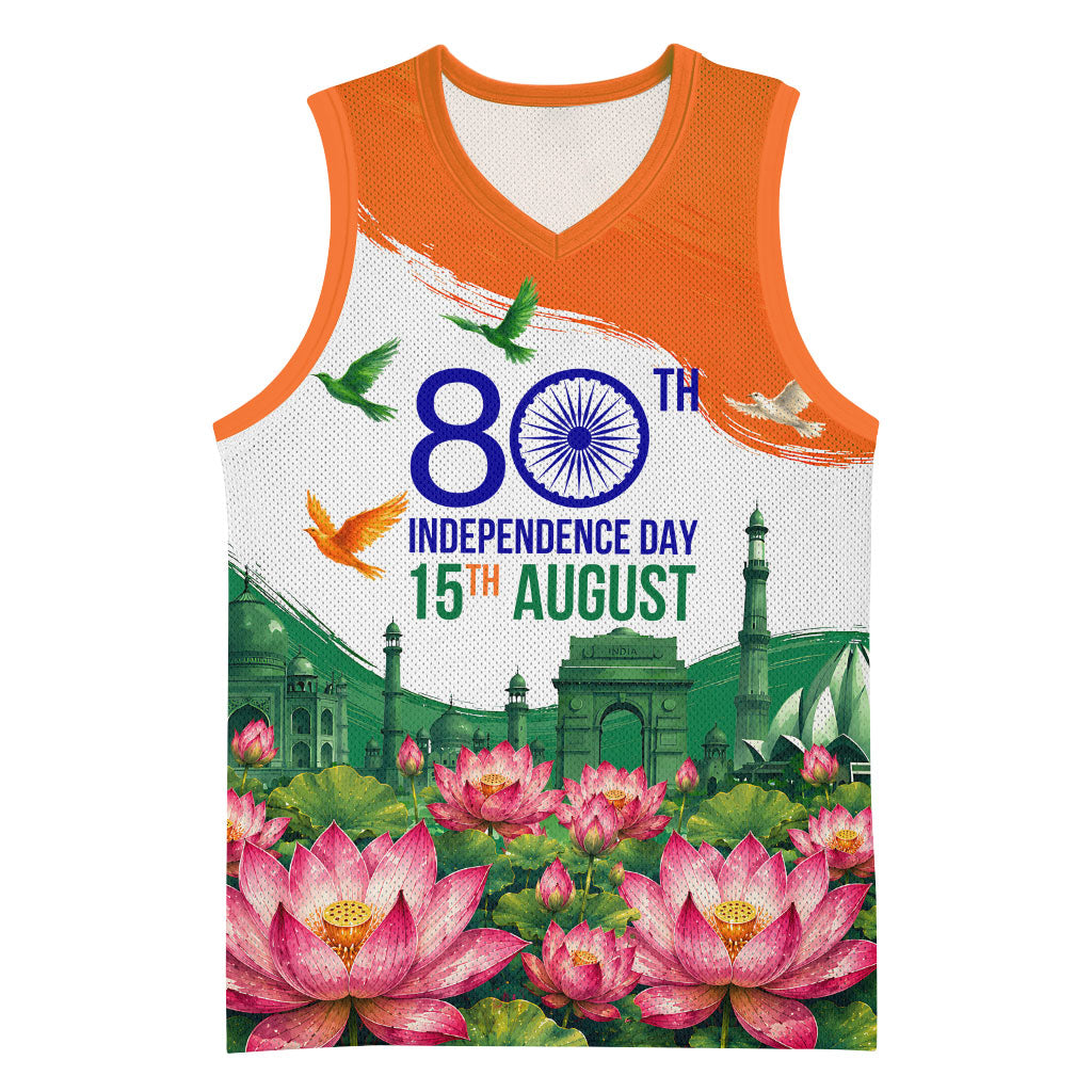 India 80th Independence Day Basketball Jersey India Gate Peacock Lotus Heritage Landmarks
