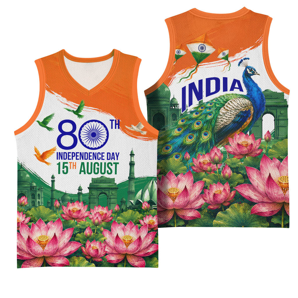 India 80th Independence Day Basketball Jersey India Gate Peacock Lotus Heritage Landmarks