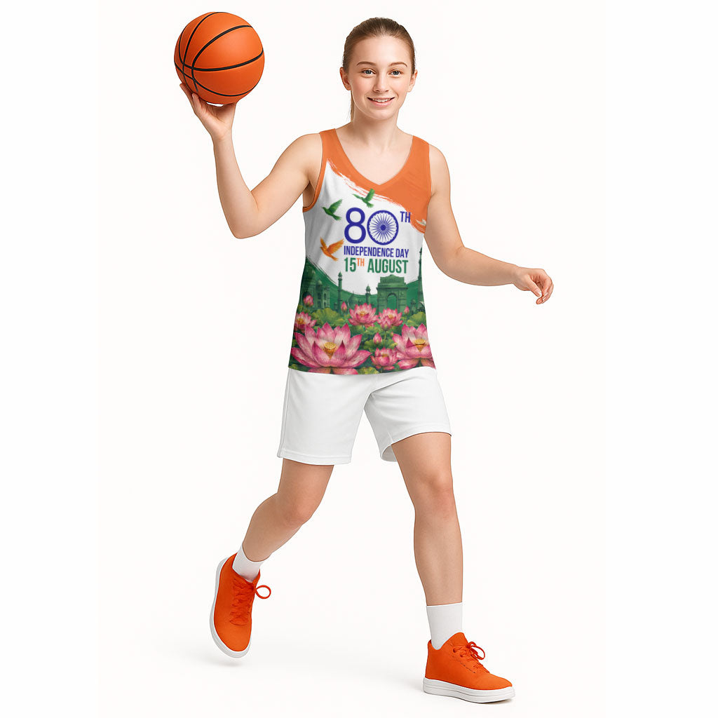 India 80th Independence Day Basketball Jersey India Gate Peacock Lotus Heritage Landmarks