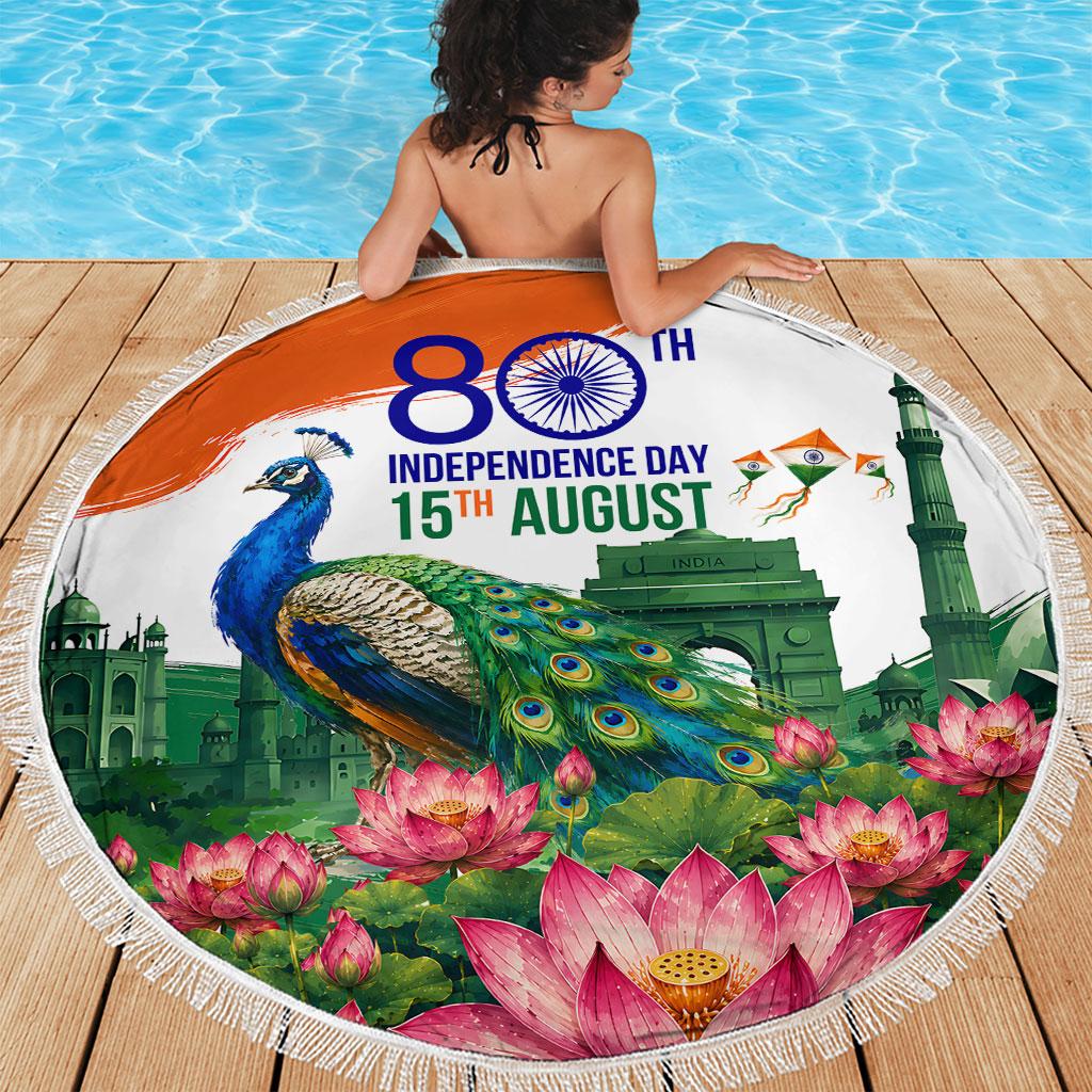 India 80th Independence Day Beach Blanket India Gate Peacock Lotus Heritage Landmarks