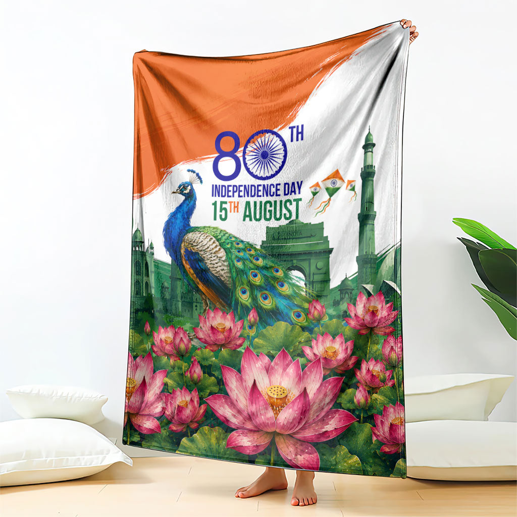 India 80th Independence Day Blanket India Gate Peacock Lotus Heritage Landmarks