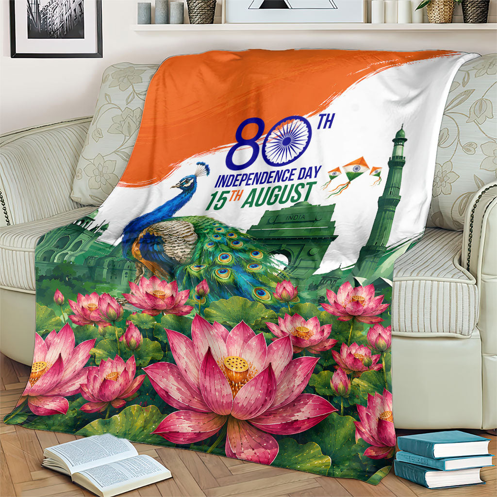 India 80th Independence Day Blanket India Gate Peacock Lotus Heritage Landmarks