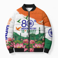 India 80th Independence Day Bomber Puffer Jacket India Gate Peacock Lotus Heritage Landmarks
