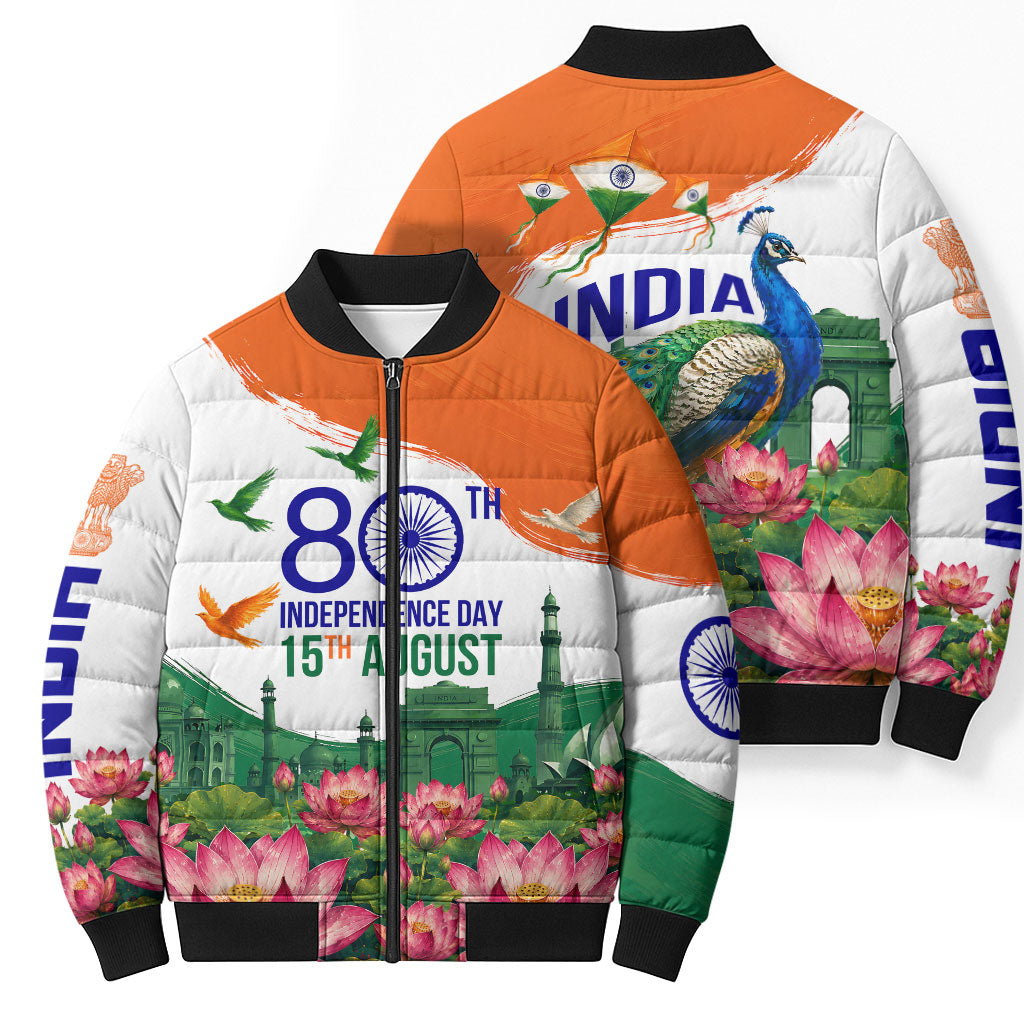 India 80th Independence Day Bomber Puffer Jacket India Gate Peacock Lotus Heritage Landmarks