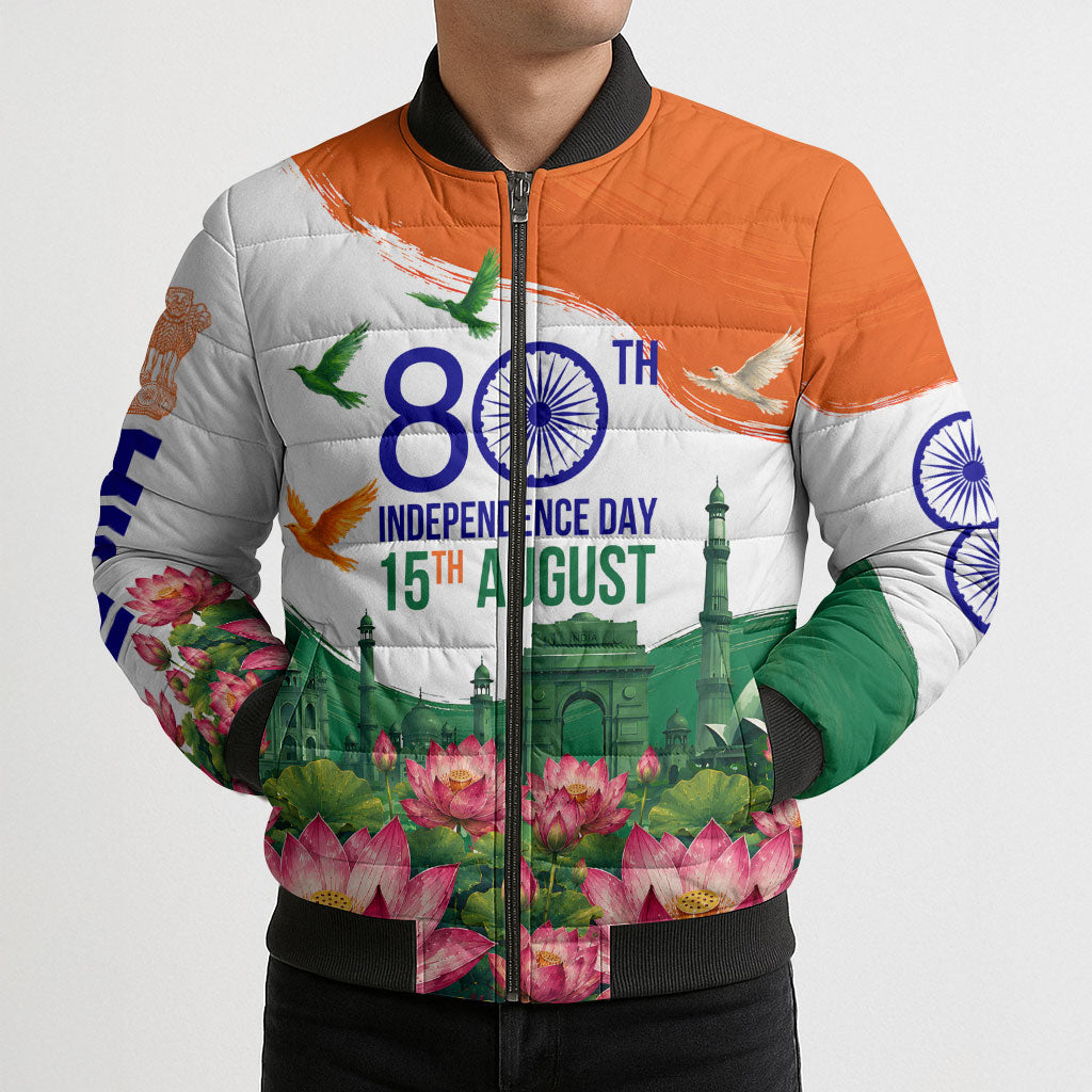 India 80th Independence Day Bomber Puffer Jacket India Gate Peacock Lotus Heritage Landmarks
