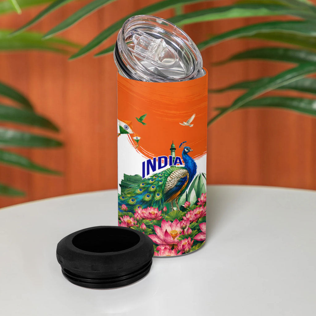 India 80th Independence Day 4 in 1 Can Cooler Tumbler India Gate Peacock Lotus Heritage Landmarks