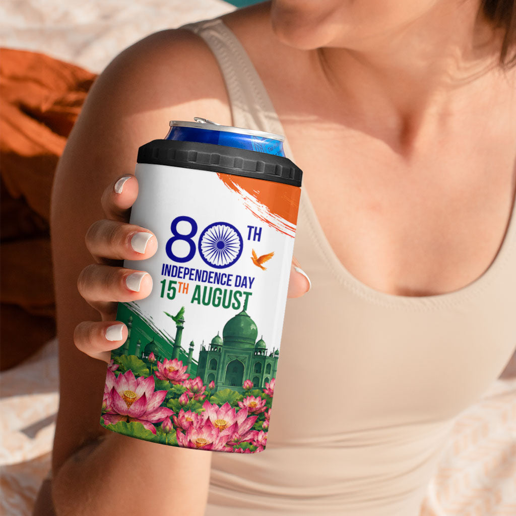 India 80th Independence Day 4 in 1 Can Cooler Tumbler India Gate Peacock Lotus Heritage Landmarks