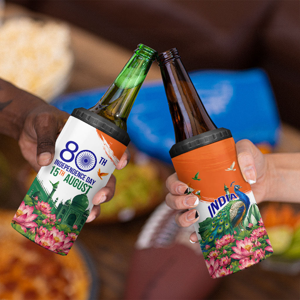 India 80th Independence Day 4 in 1 Can Cooler Tumbler India Gate Peacock Lotus Heritage Landmarks