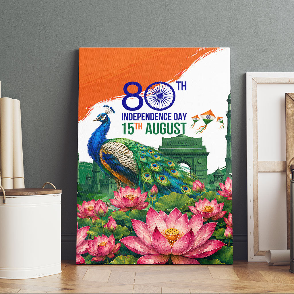 India 80th Independence Day Canvas Wall Art India Gate Peacock Lotus Heritage Landmarks