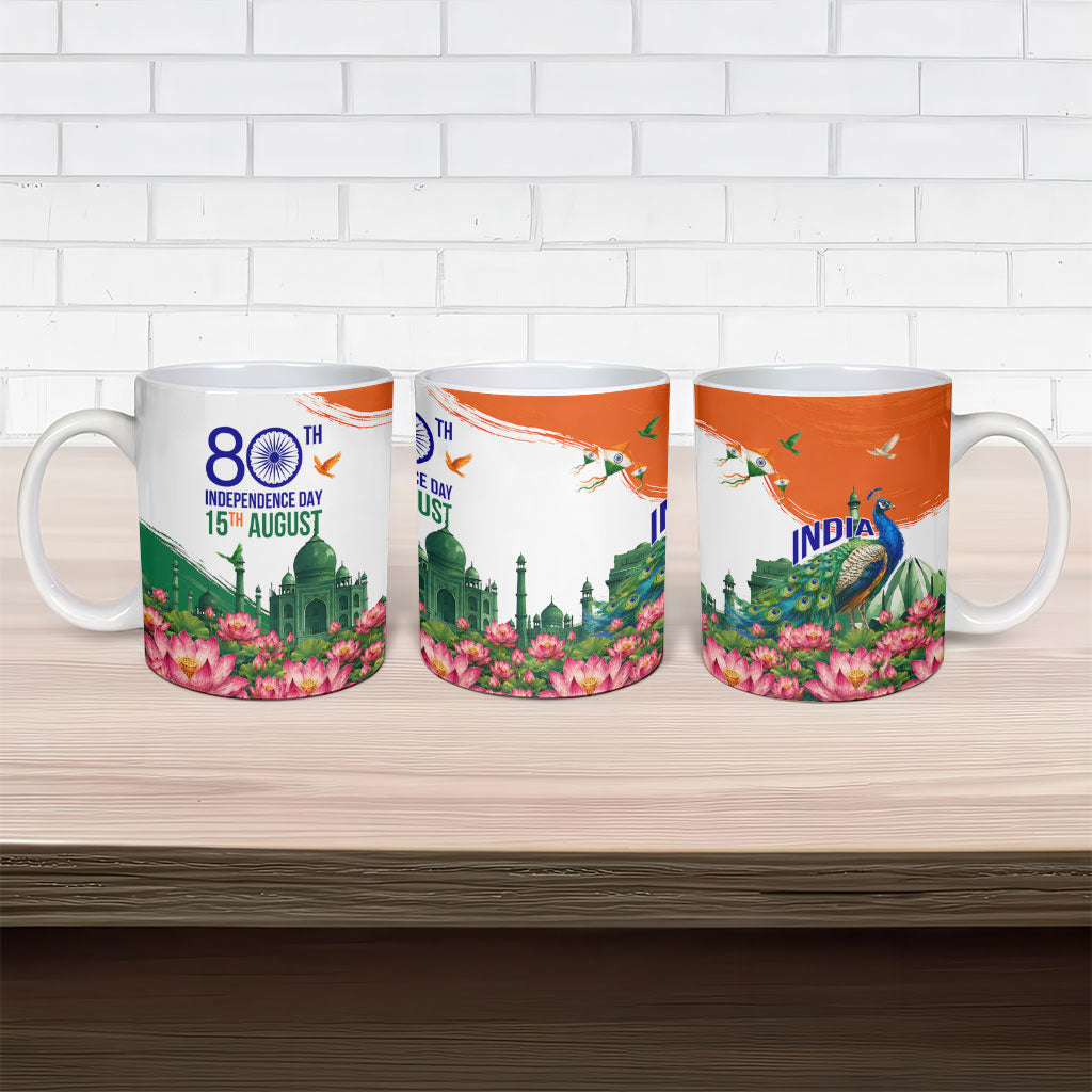 India 80th Independence Day Ceramic Mug India Gate Peacock Lotus Heritage Landmarks