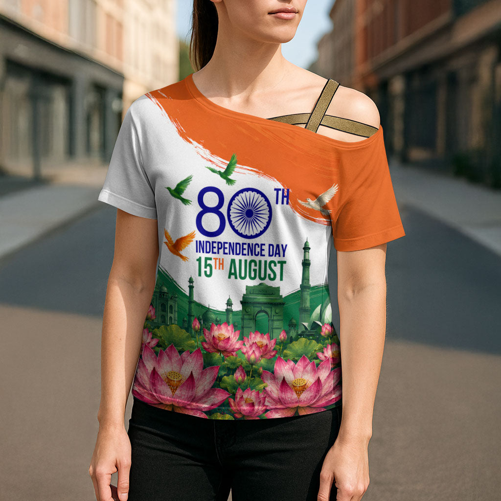 India 80th Independence Day Cross Shoulder Shirt India Gate Peacock Lotus Heritage Landmarks