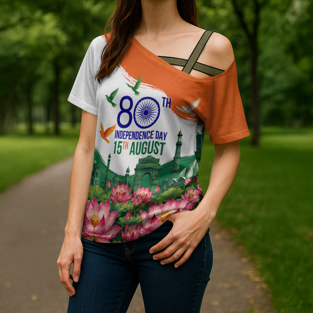 India 80th Independence Day Cross Shoulder Shirt India Gate Peacock Lotus Heritage Landmarks