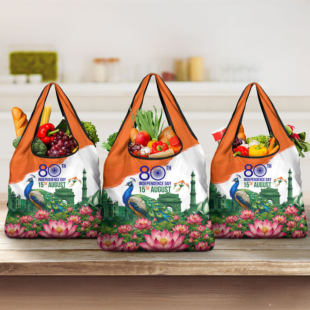 India 80th Independence Day Grocery Bag India Gate Peacock Lotus Heritage Landmarks