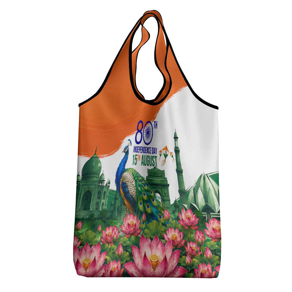 India 80th Independence Day Grocery Bag India Gate Peacock Lotus Heritage Landmarks