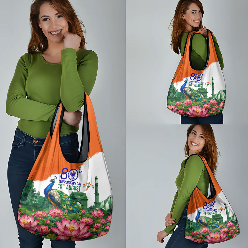 India 80th Independence Day Grocery Bag India Gate Peacock Lotus Heritage Landmarks