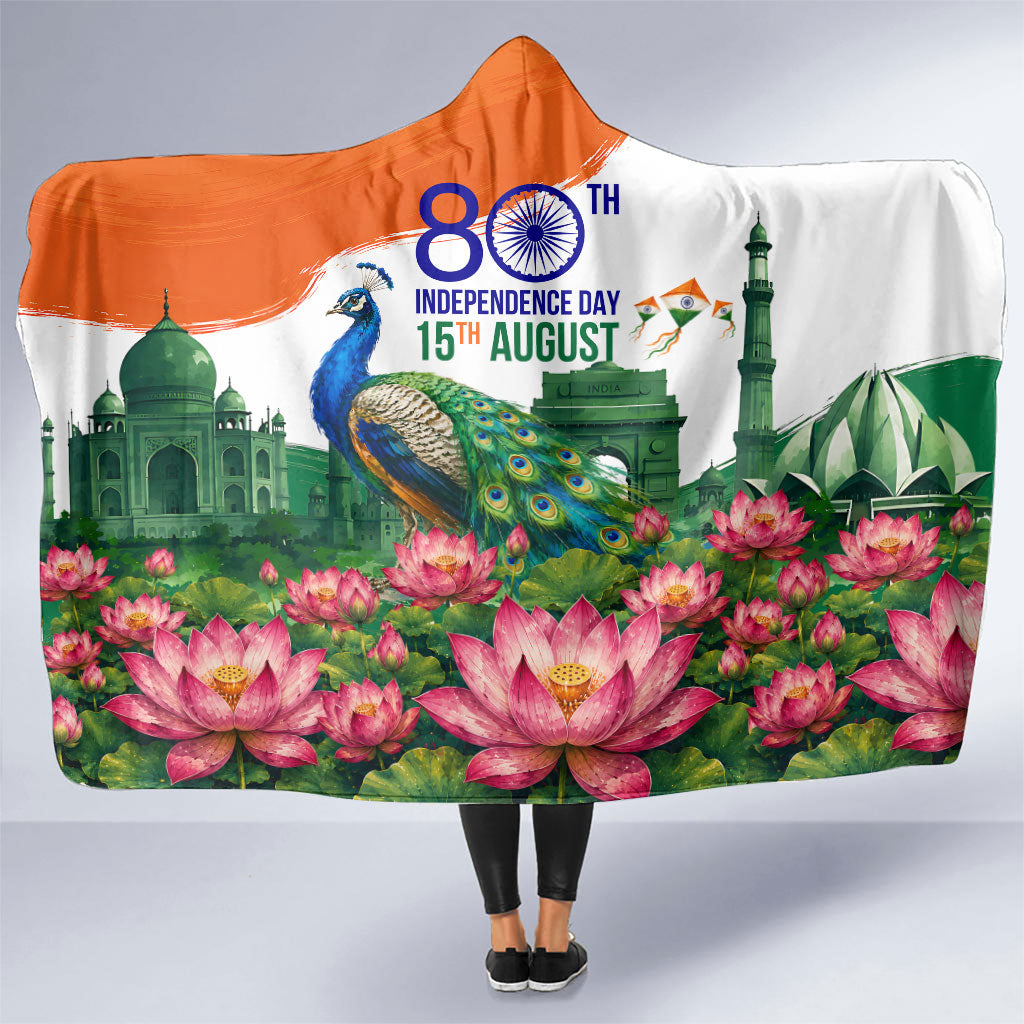India 80th Independence Day Hooded Blanket India Gate Peacock Lotus Heritage Landmarks