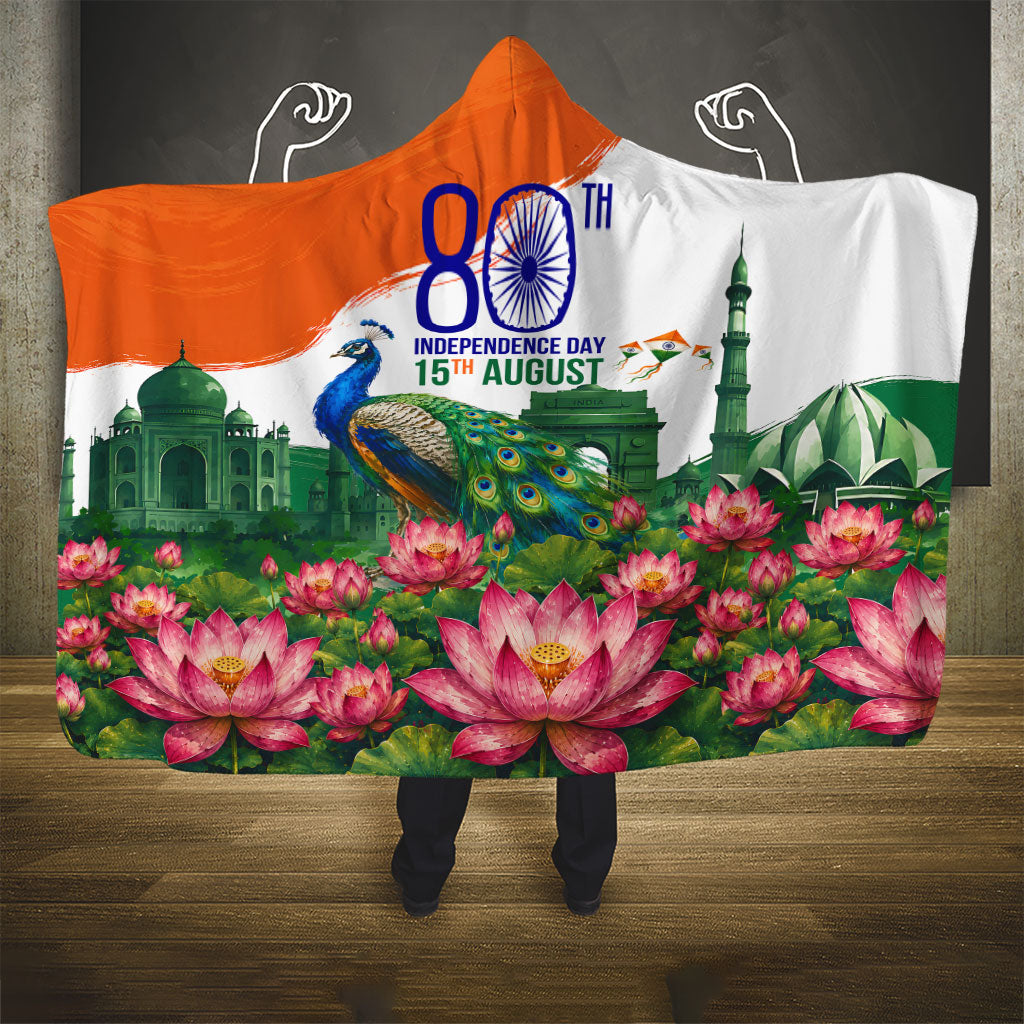 India 80th Independence Day Hooded Blanket India Gate Peacock Lotus Heritage Landmarks