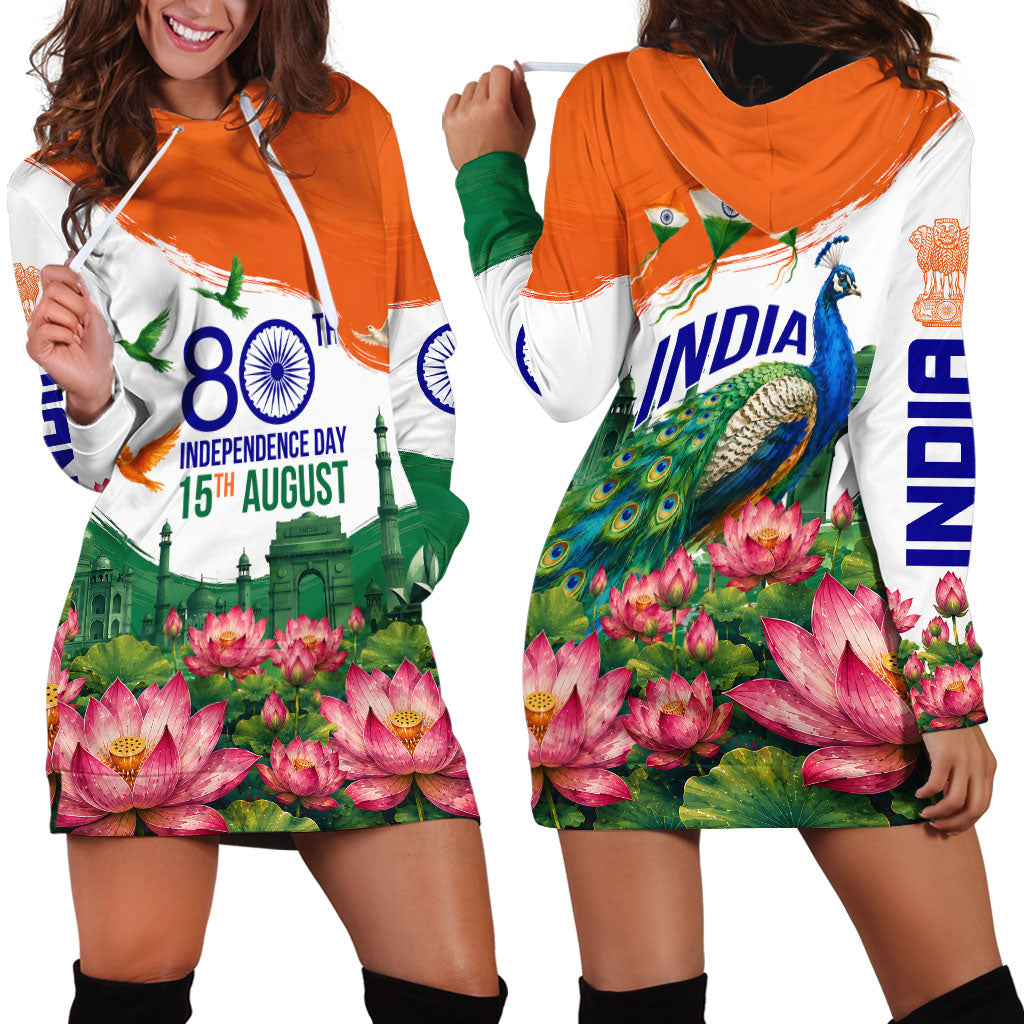 India 80th Independence Day Hoodie Dress India Gate Peacock Lotus Heritage Landmarks