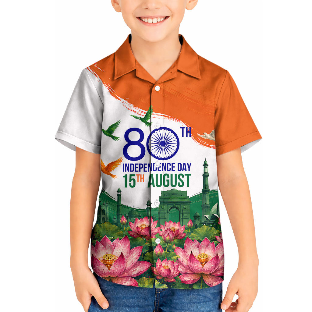 India 80th Independence Day Kid Hawaiian Shirt India Gate Peacock Lotus Heritage Landmarks