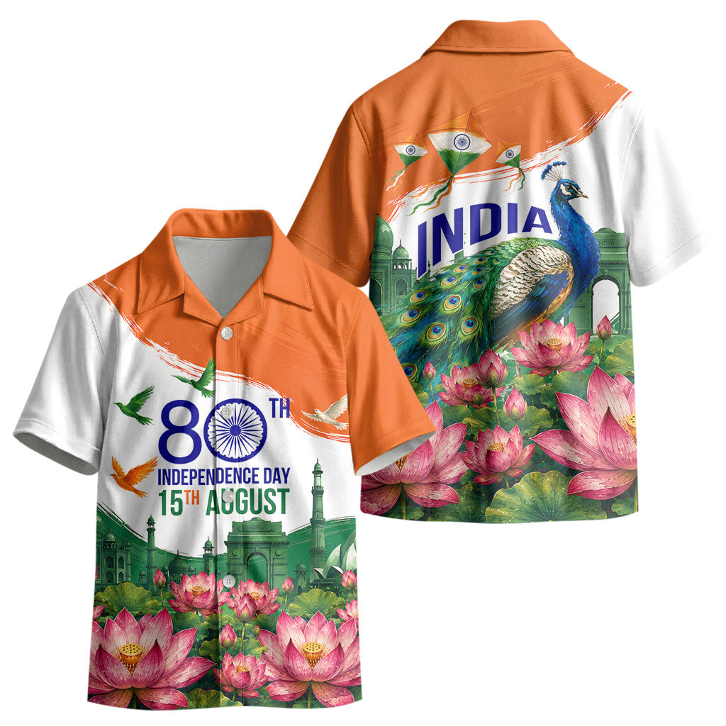 India 80th Independence Day Kid Hawaiian Shirt India Gate Peacock Lotus Heritage Landmarks