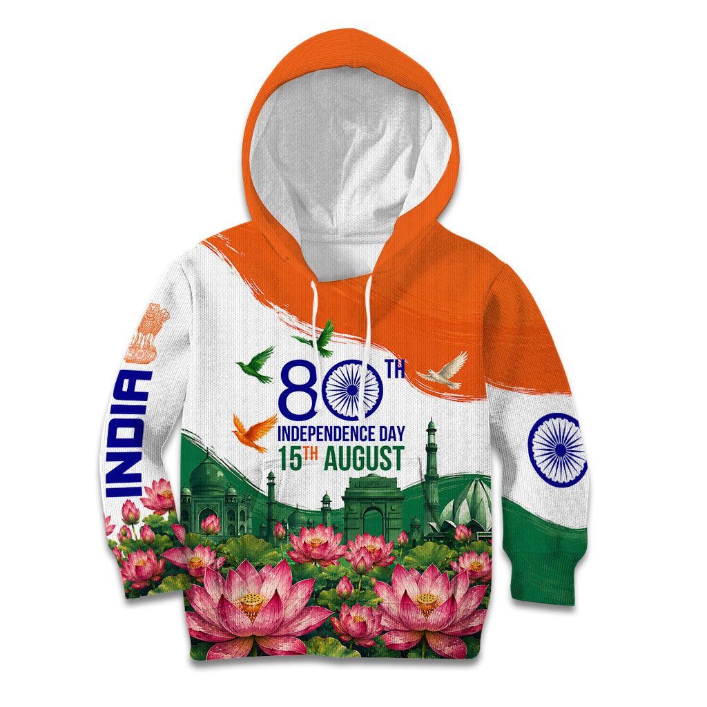 India 80th Independence Day Kid Hoodie India Gate Peacock Lotus Heritage Landmarks