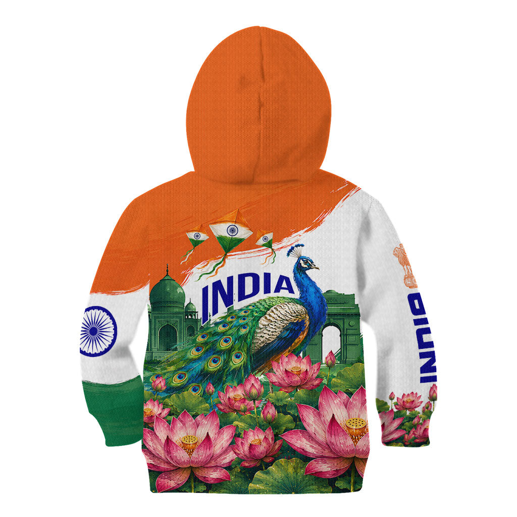 India 80th Independence Day Kid Hoodie India Gate Peacock Lotus Heritage Landmarks