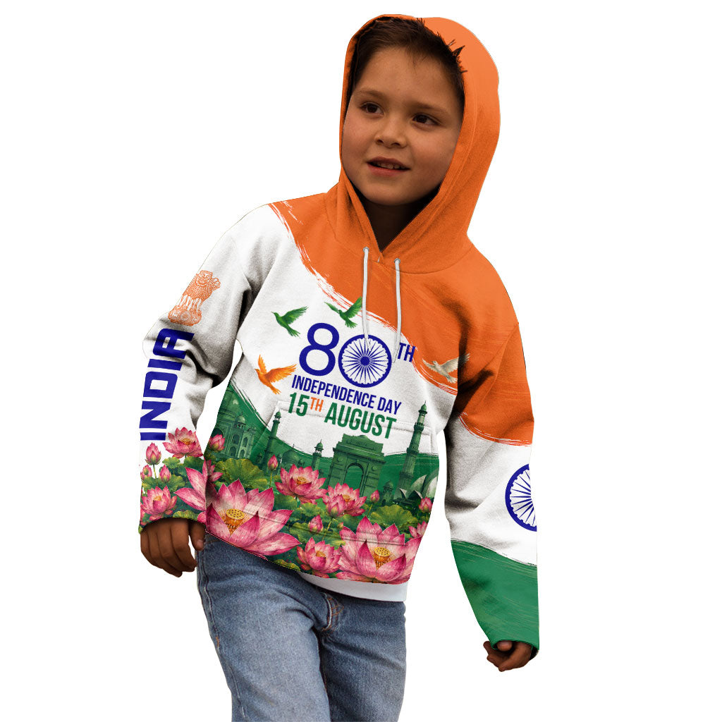 India 80th Independence Day Kid Hoodie India Gate Peacock Lotus Heritage Landmarks