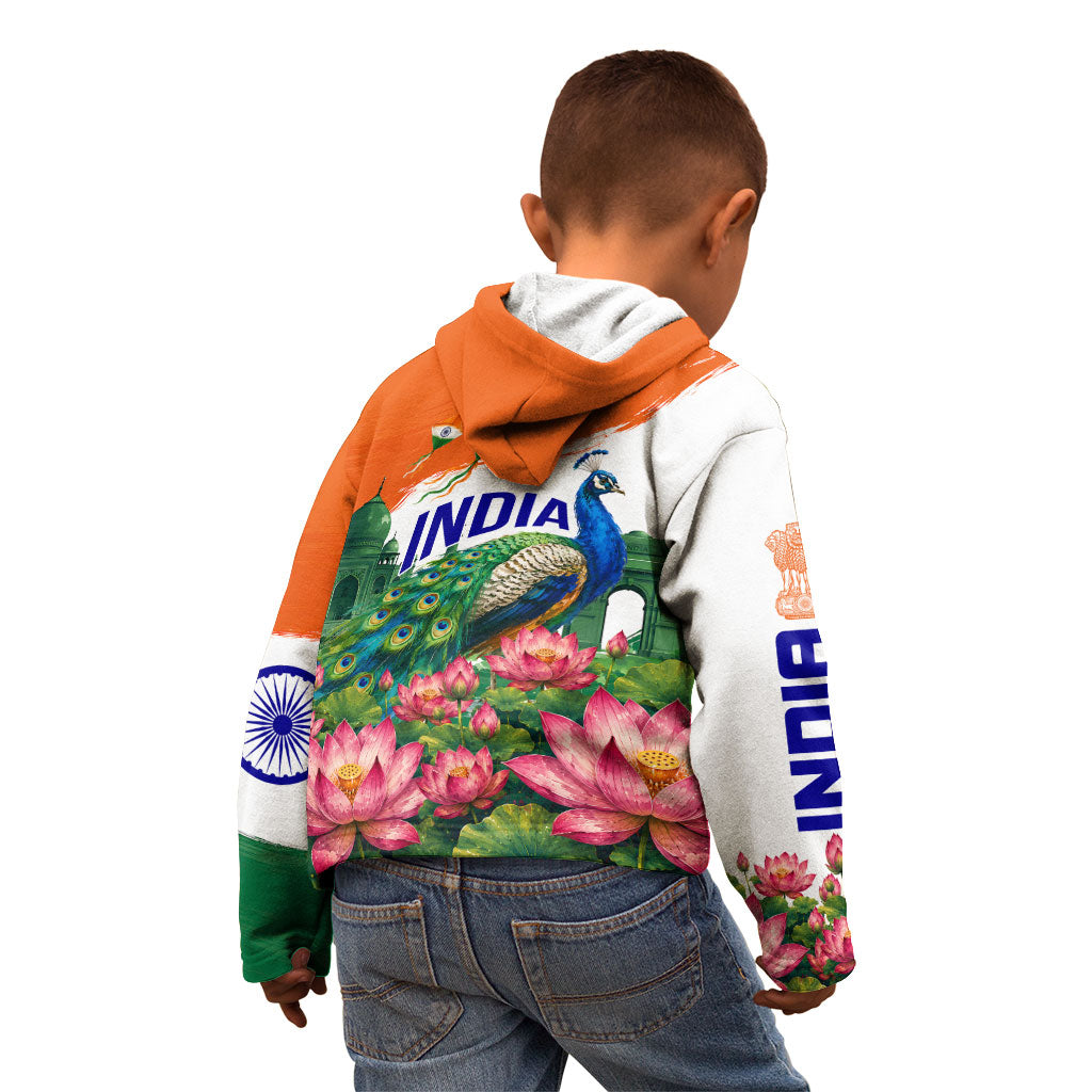 India 80th Independence Day Kid Hoodie India Gate Peacock Lotus Heritage Landmarks