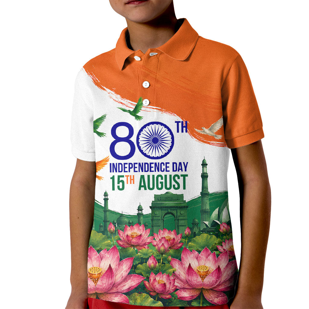 India 80th Independence Day Kid Polo Shirt India Gate Peacock Lotus Heritage Landmarks