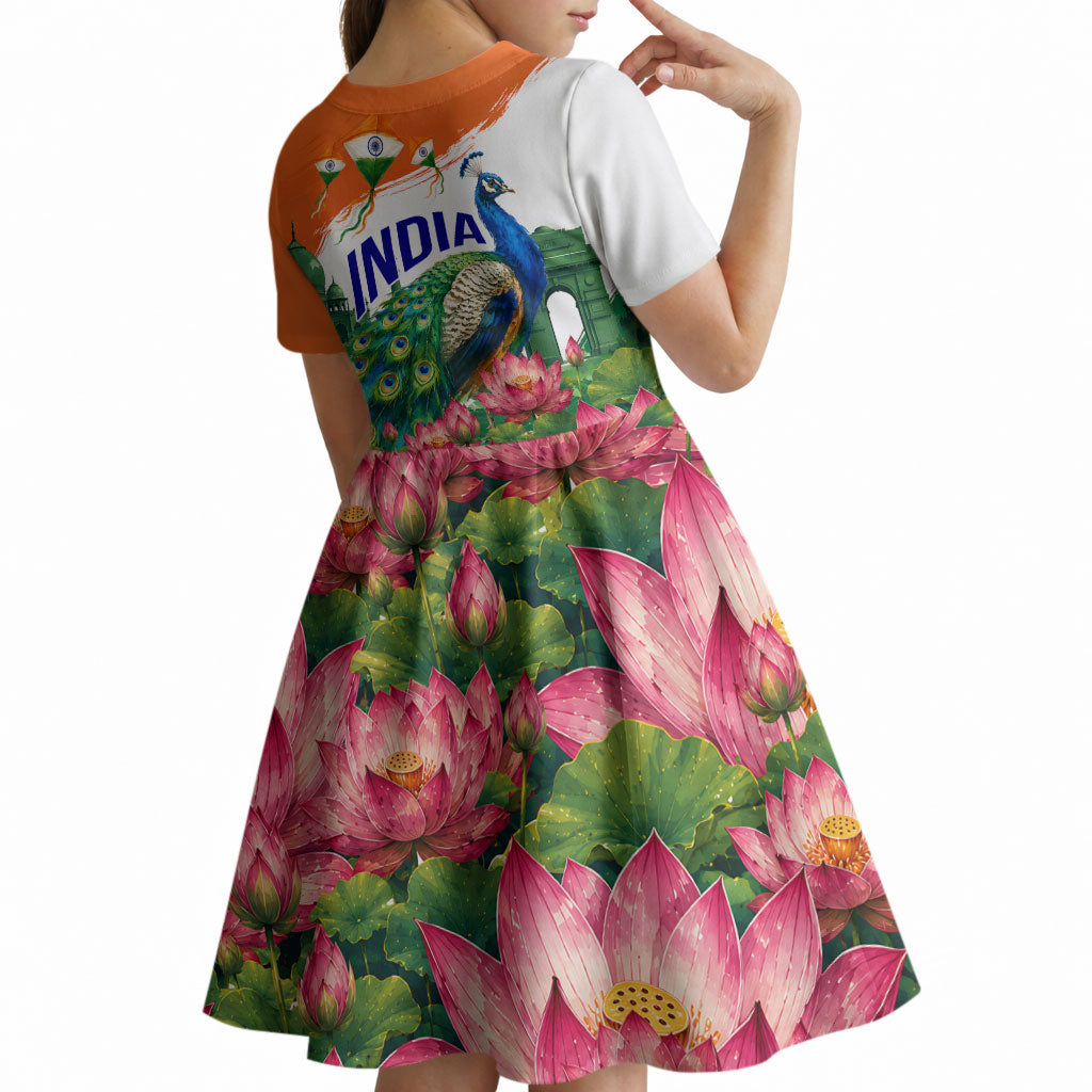 India 80th Independence Day Kid Short Sleeve Dress India Gate Peacock Lotus Heritage Landmarks