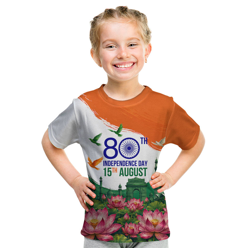 India 80th Independence Day Kid T Shirt India Gate Peacock Lotus Heritage Landmarks