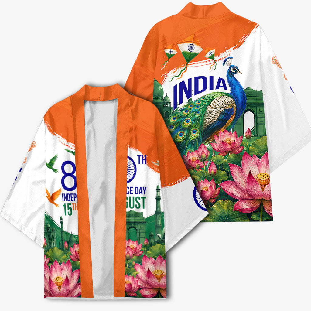 India 80th Independence Day Kimono India Gate Peacock Lotus Heritage Landmarks