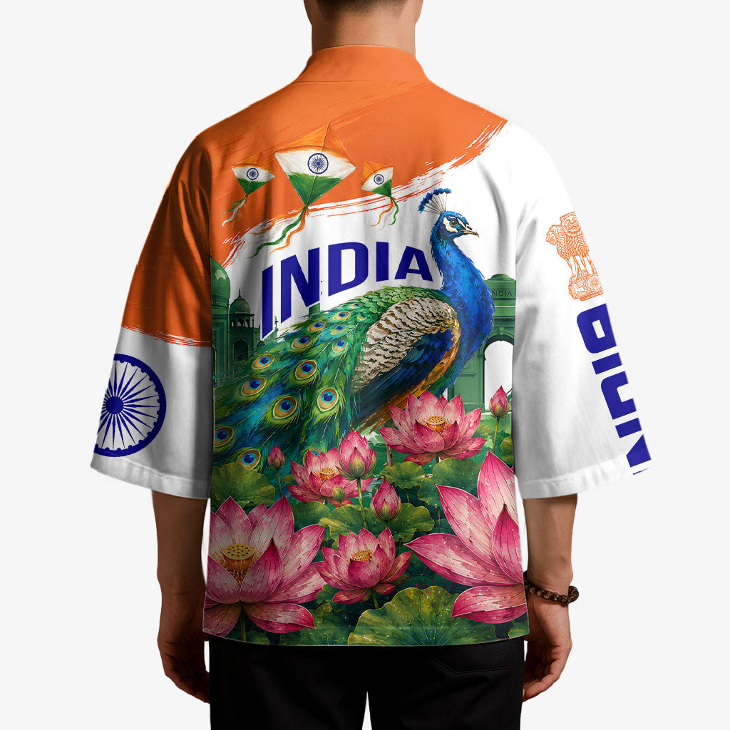India 80th Independence Day Kimono India Gate Peacock Lotus Heritage Landmarks