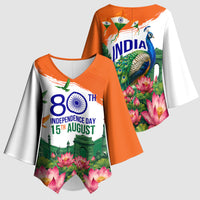 India 80th Independence Day Kimono Sleeve Blouse India Gate Peacock Lotus Heritage Landmarks