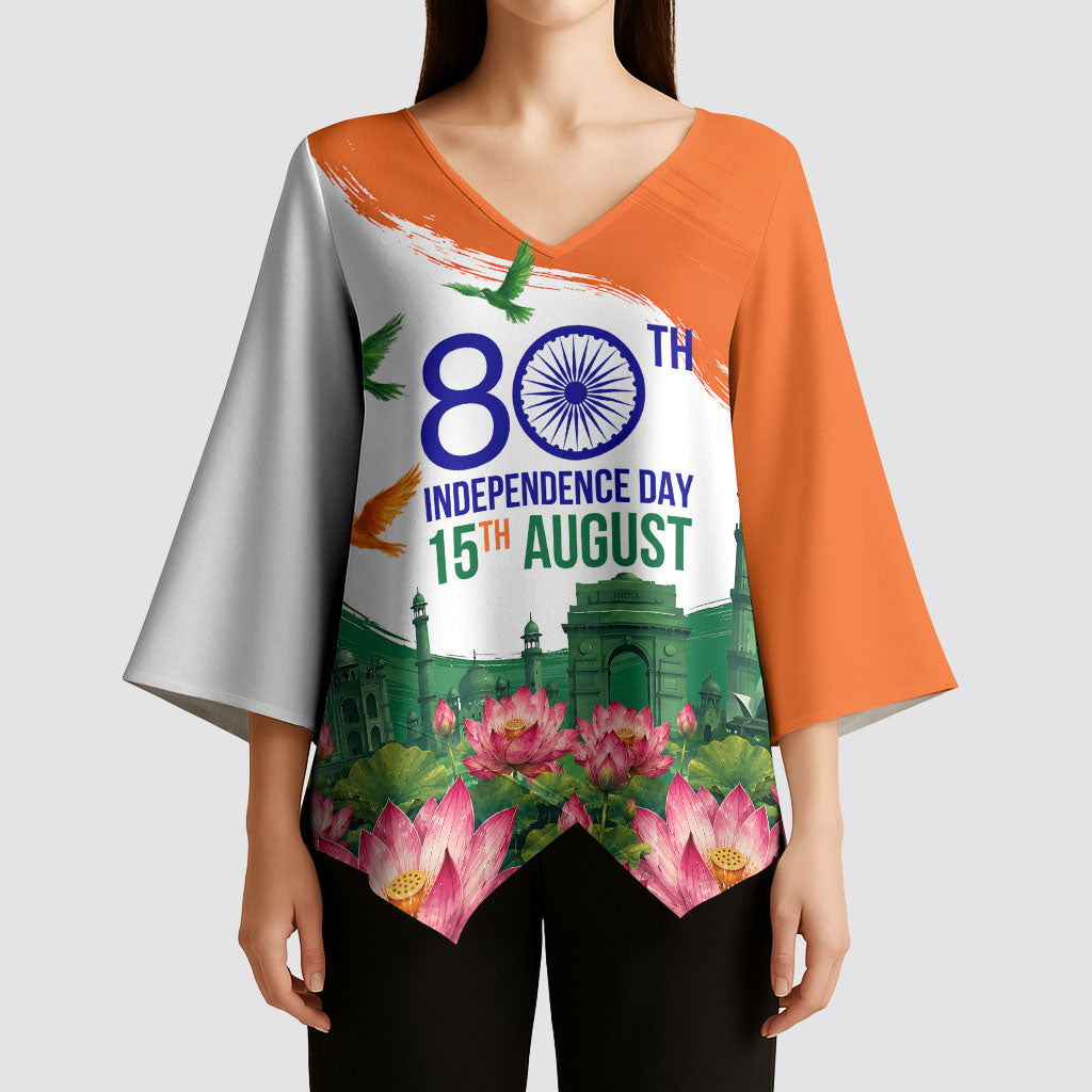 India 80th Independence Day Kimono Sleeve Blouse India Gate Peacock Lotus Heritage Landmarks