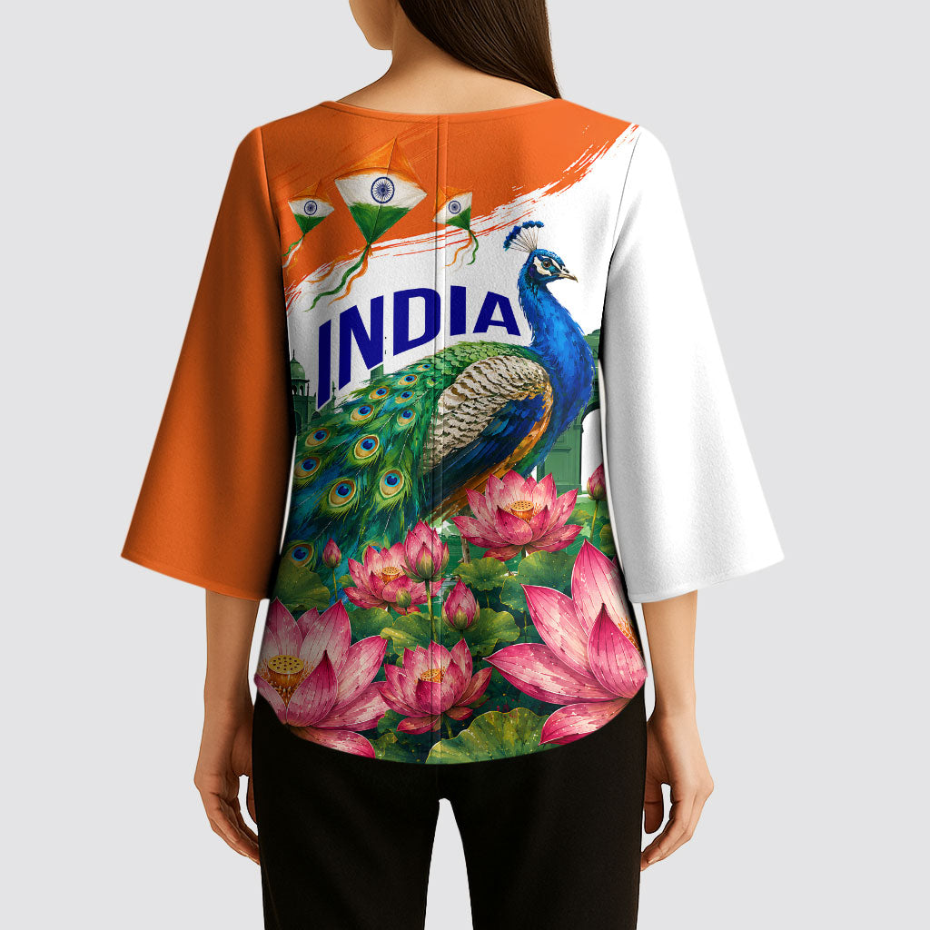 India 80th Independence Day Kimono Sleeve Blouse India Gate Peacock Lotus Heritage Landmarks