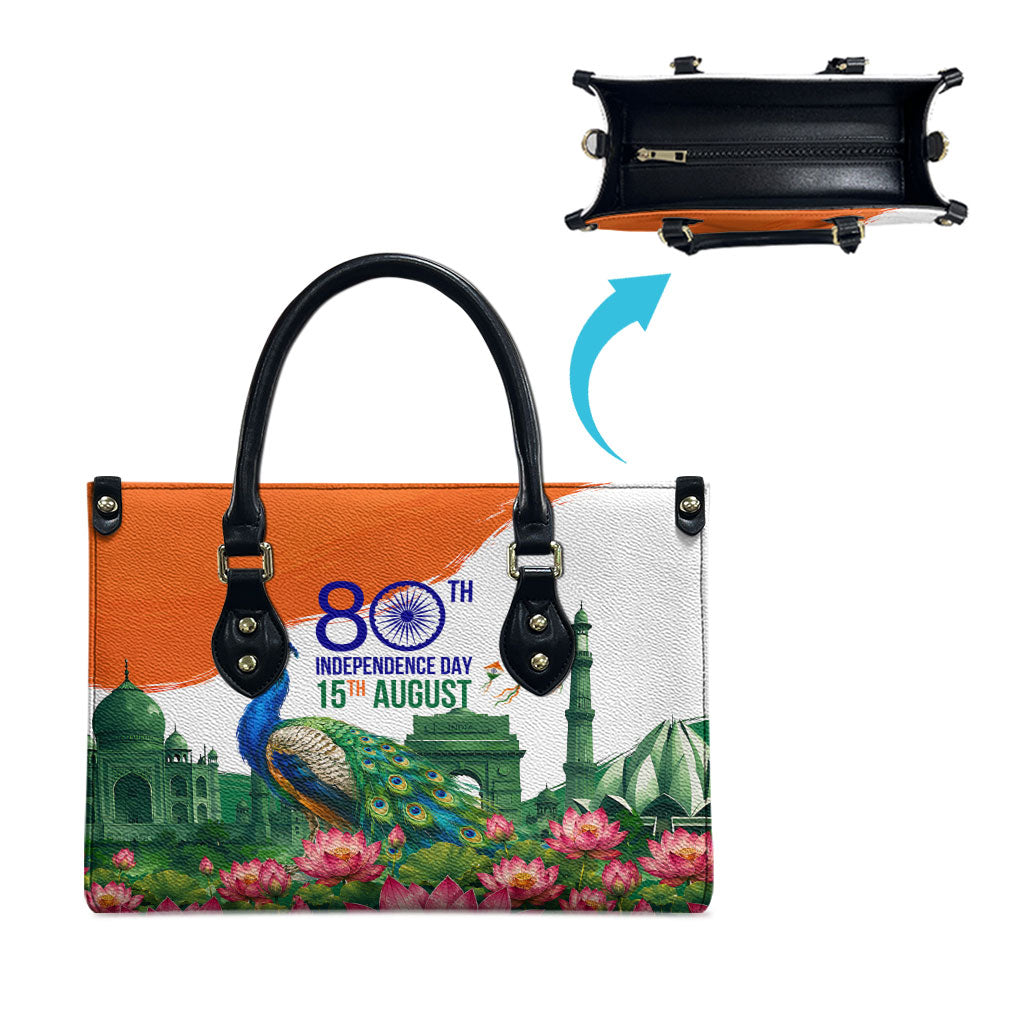 India 80th Independence Day Leather Bag India Gate Peacock Lotus Heritage Landmarks