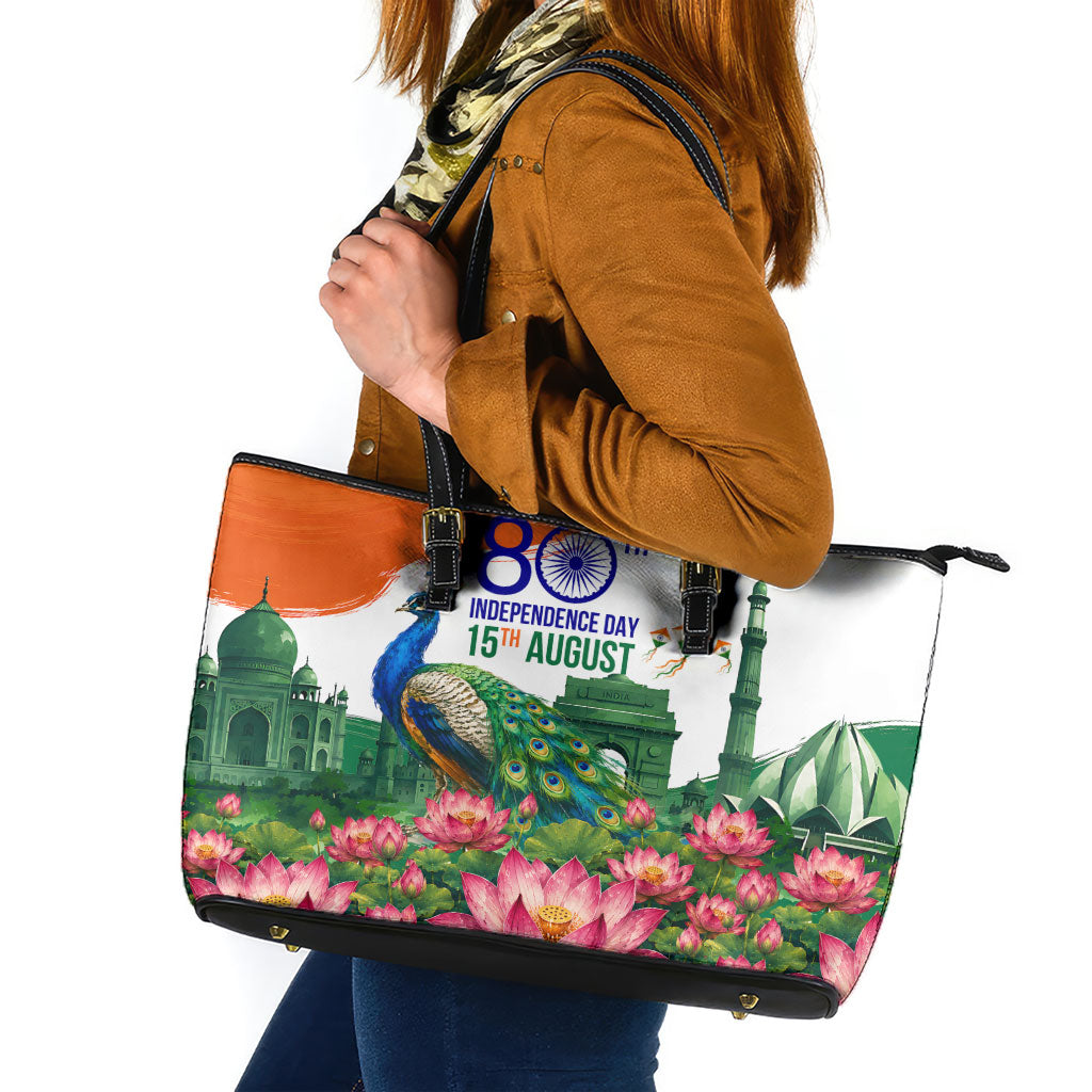 India 80th Independence Day Leather Tote Bag India Gate Peacock Lotus Heritage Landmarks