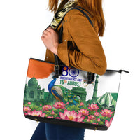 India 80th Independence Day Leather Tote Bag India Gate Peacock Lotus Heritage Landmarks