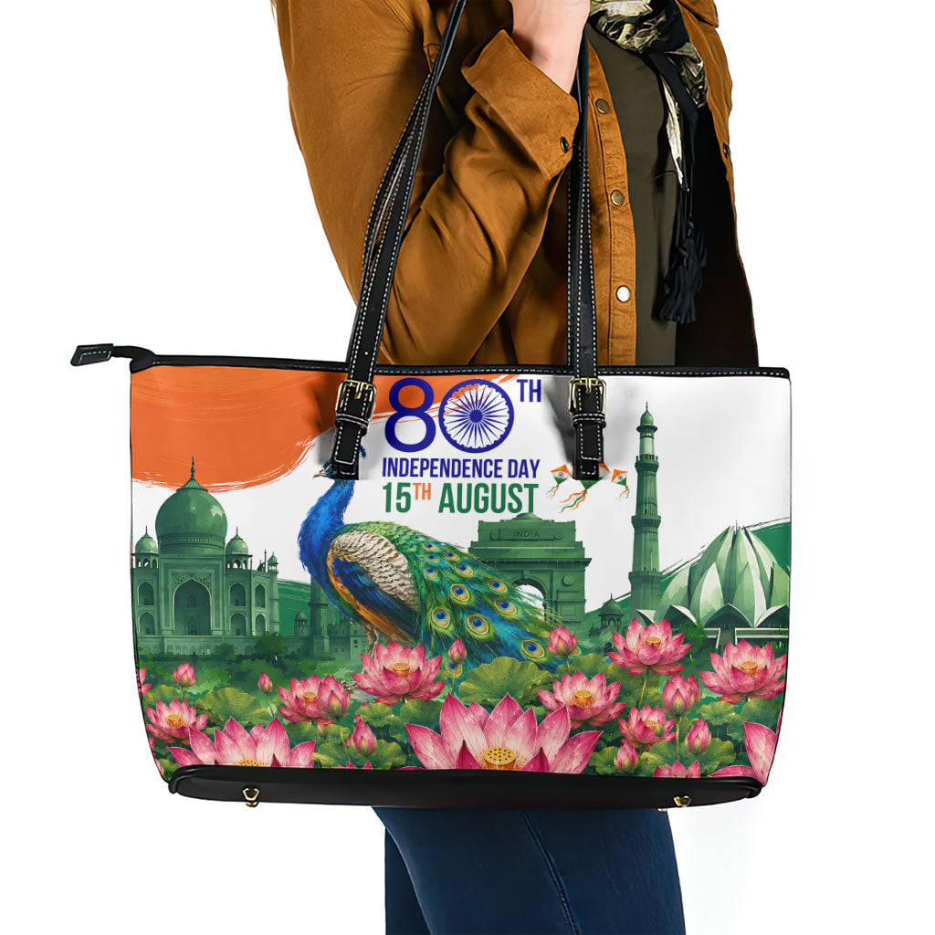 India 80th Independence Day Leather Tote Bag India Gate Peacock Lotus Heritage Landmarks